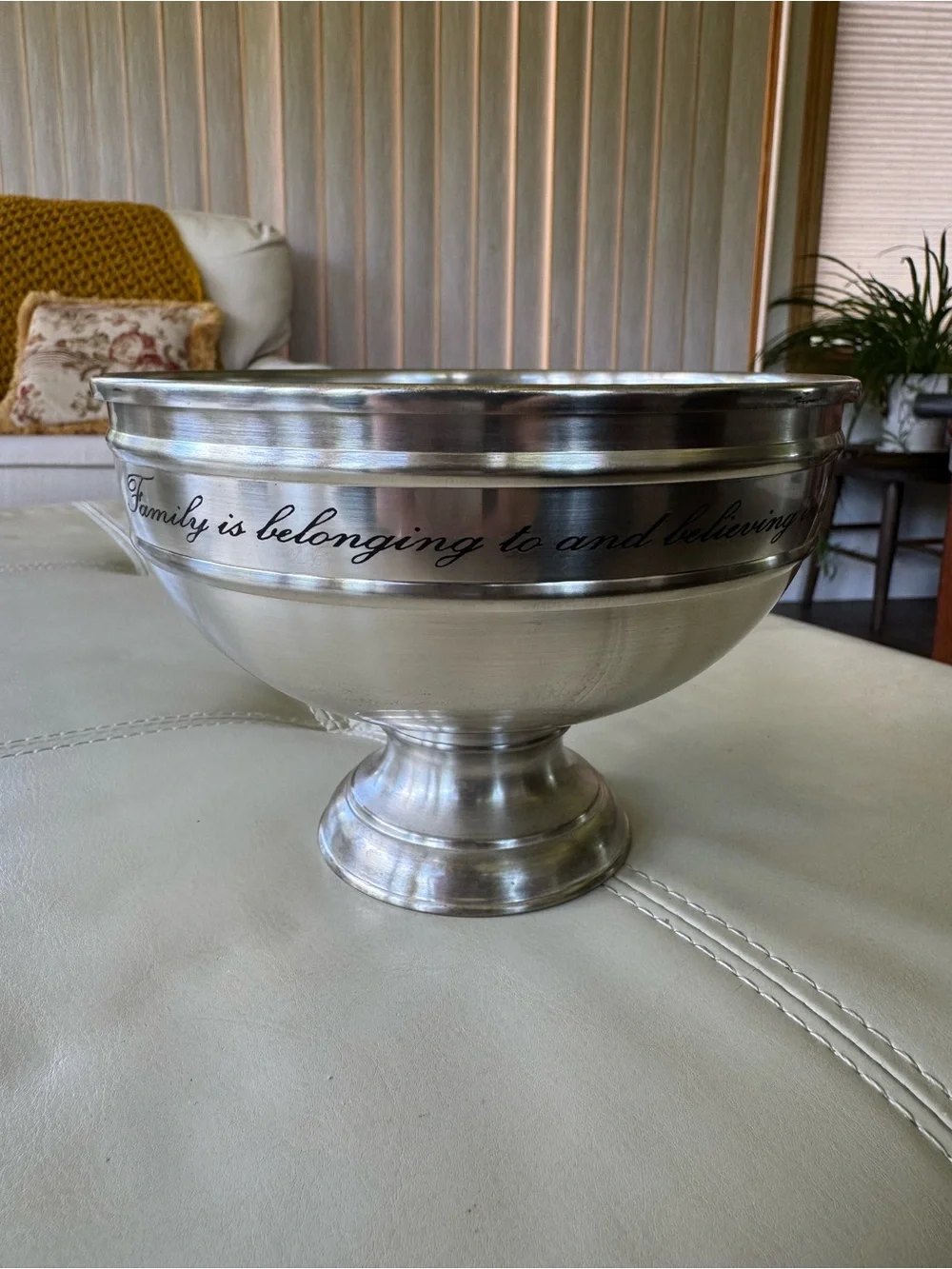 Pottery Barn Silver Pedestal Bowl with Family Script Accent